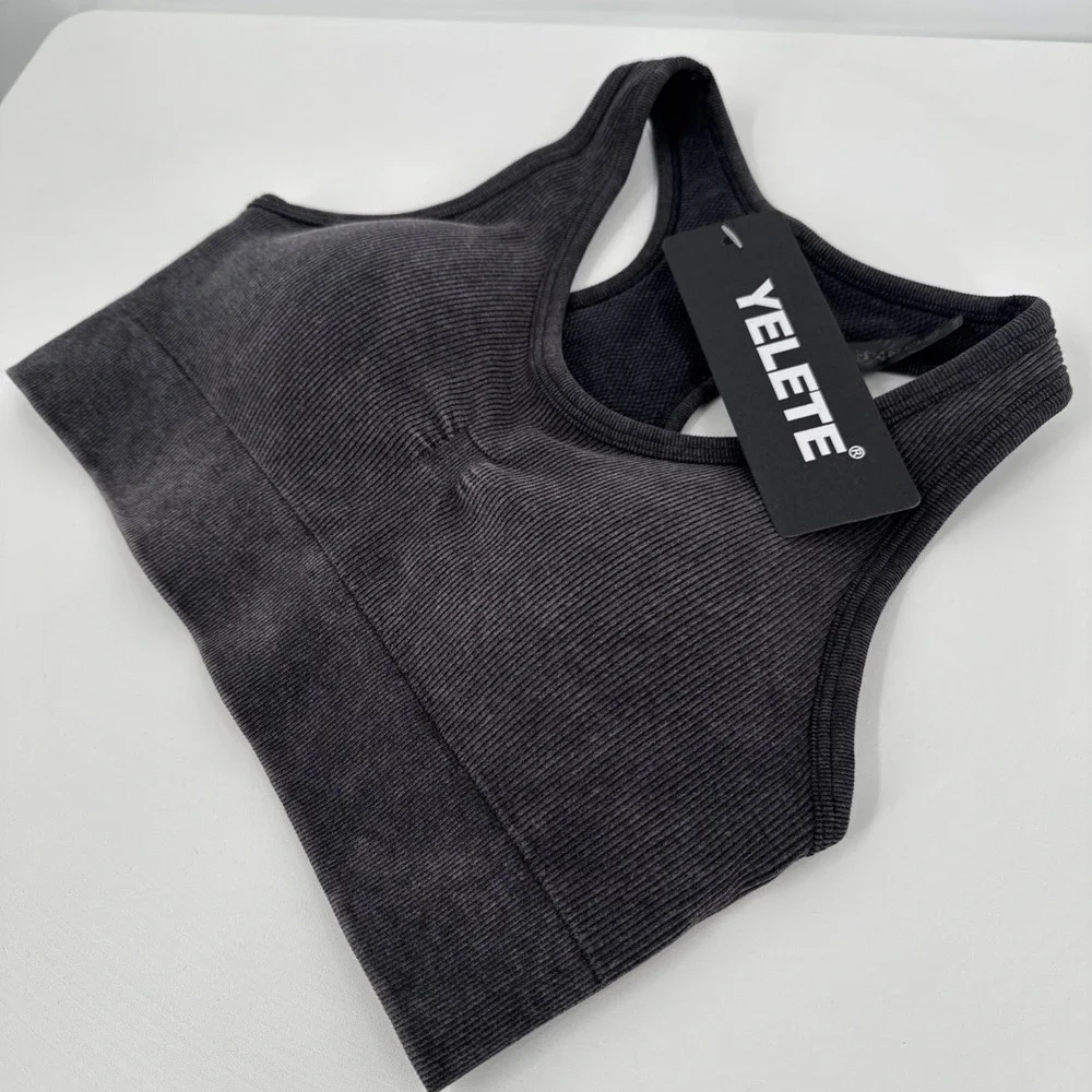 Yelete Ribbed Charcoal Sports Bra Racerback Padded Women's Size‎ M NEW